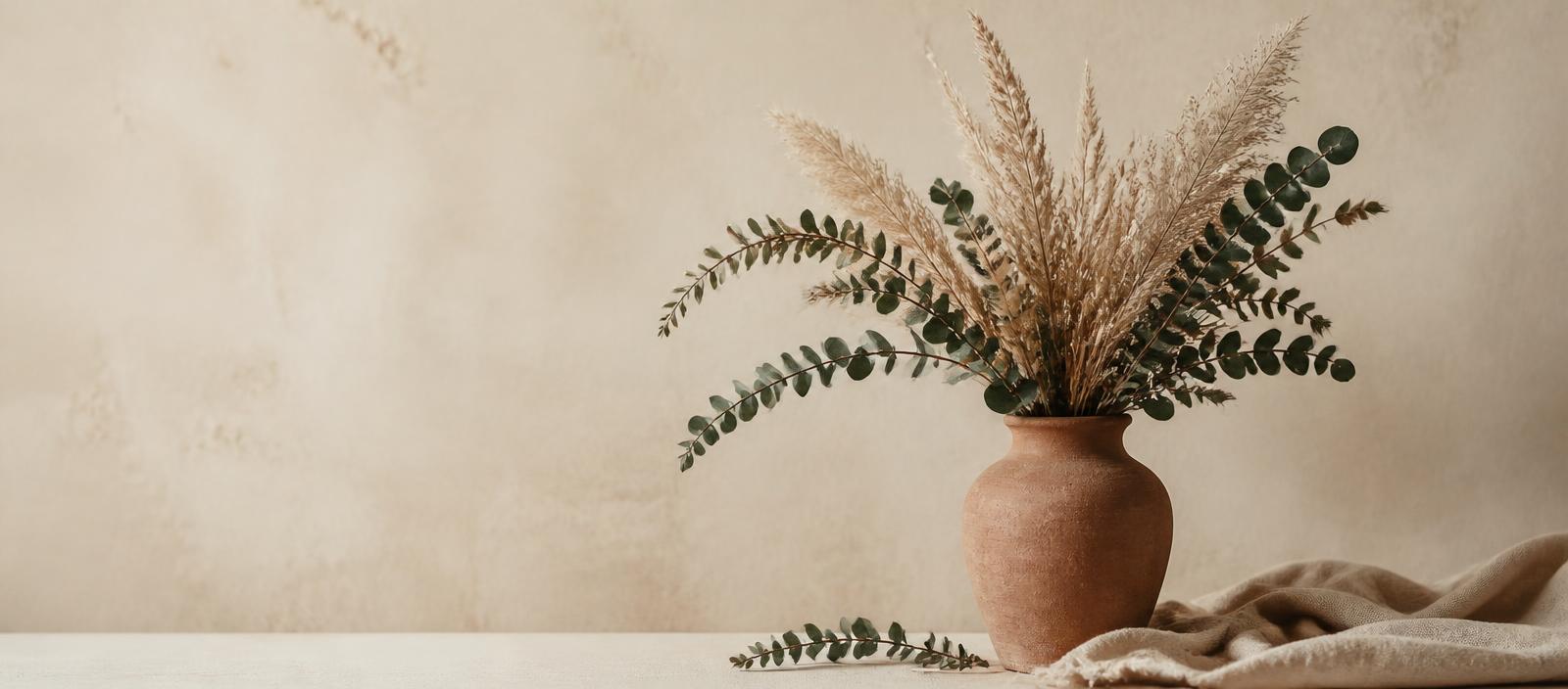 Dried grasses and eucalyptus in a clay vessel